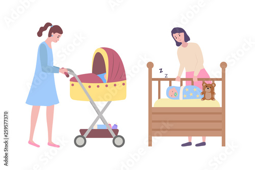 Wooden cradle with sleeping kid vector, isolated lady with perambulator comfortable crib with asleep child. Childcare motherhood and childhood set