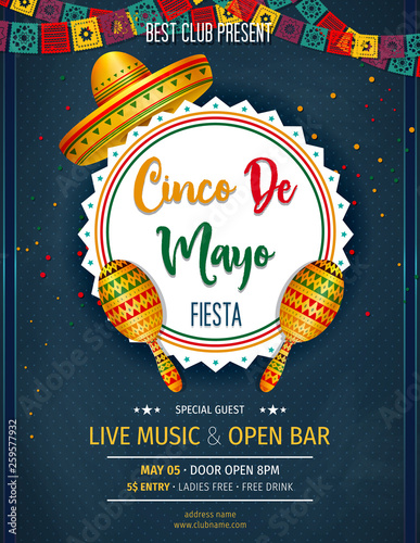 Cinco De Mayo invitation design for celebration of the Mexican holiday.