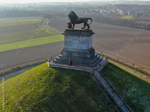 Aerial view of The Lion's Mound with farm land around. The immense Butte Du Lion on the battlefield of Waterloo where Napoleon died. Belgium