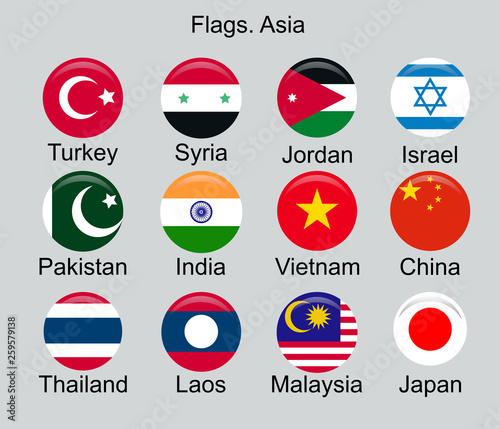 Flags of Asian Countries. Turkey, Pakistan, Syria, India, China, Japan, Laos, and others. © MichiruKayo