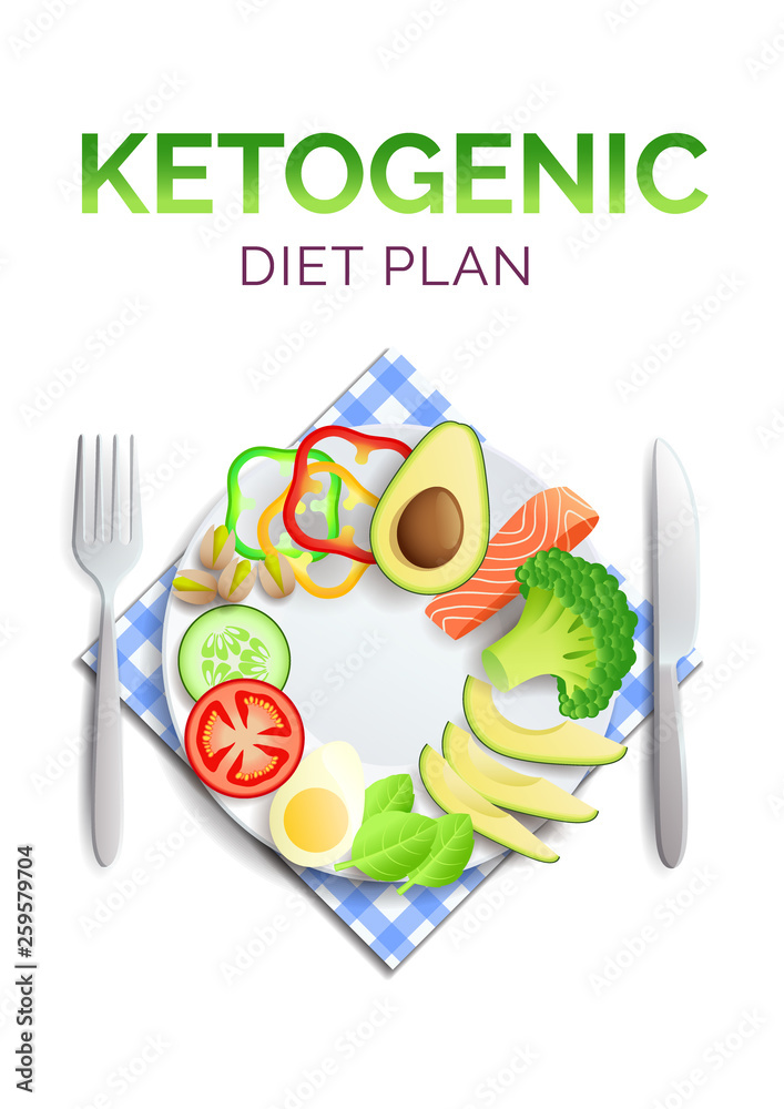 Keto diet, plate with healthy food, avocado, salmon and vegetables Keto diet, plate with healthy food, avocado, salmon and vegetables