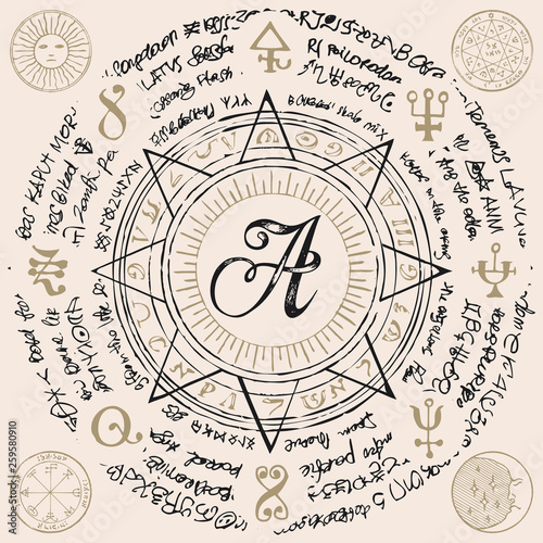 Fototapeta Naklejka Na Ścianę i Meble -  Illustration of the letter A in an octagonal star with magical inscriptions and symbols in retro style. Vector banner, mascot with old manuscript written in a circle on the beige background.