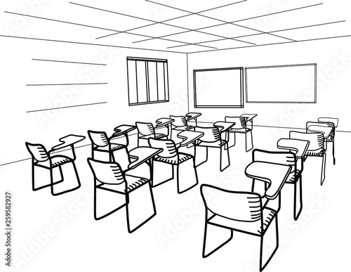 Empty Classroom. Line drawing. Vector
