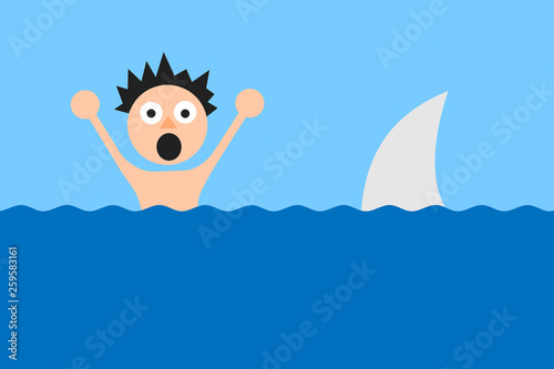 Shark attack - human is going to be killed by animal in the ocean and sea.  Man is screaming and shouting for help. Vector illustration