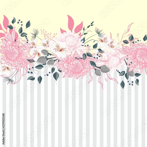 Horizontal striped pattern with chrysanthemum, leaves and herbs. Cute wedding floral design frame. Banner stripe element.