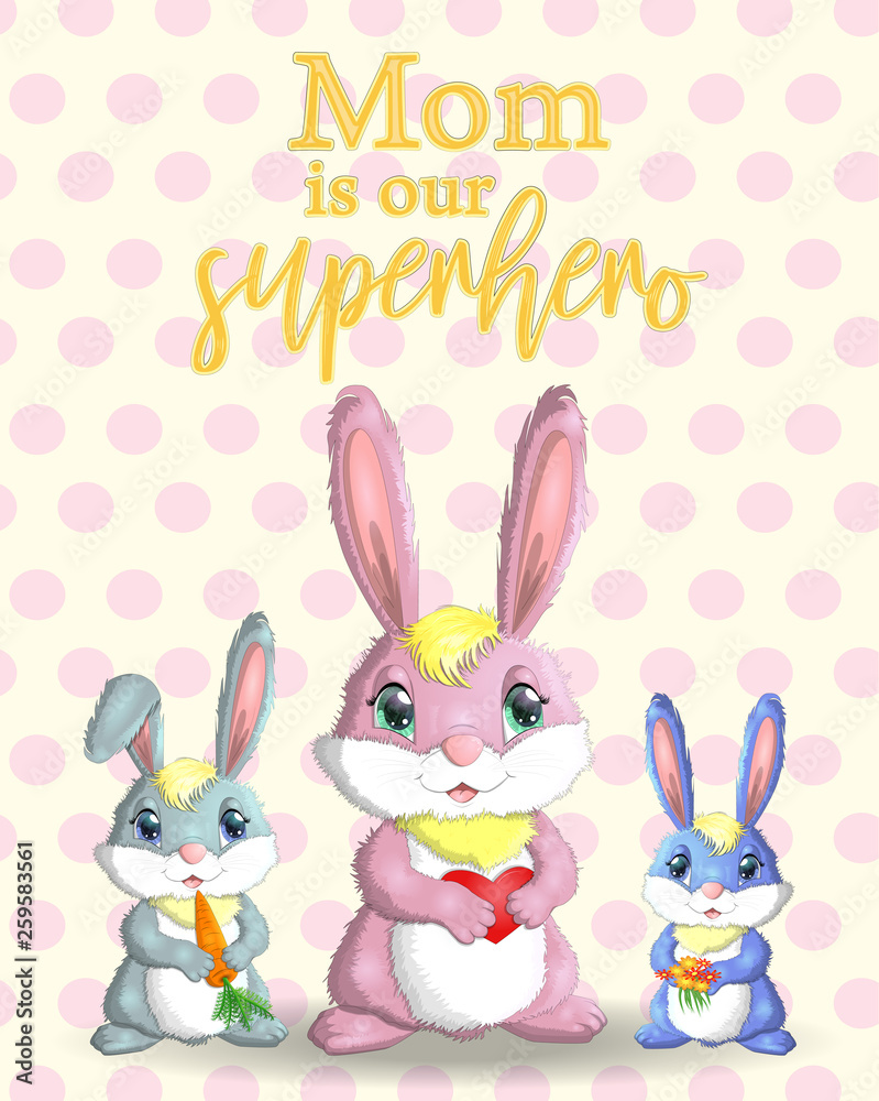 Mother s Day greeting card. Rabbit holding heart. Mom you are the best. I love you mom Mother s Day greeting card. Rabbit holding heart. Mom you are the best. I love you mom