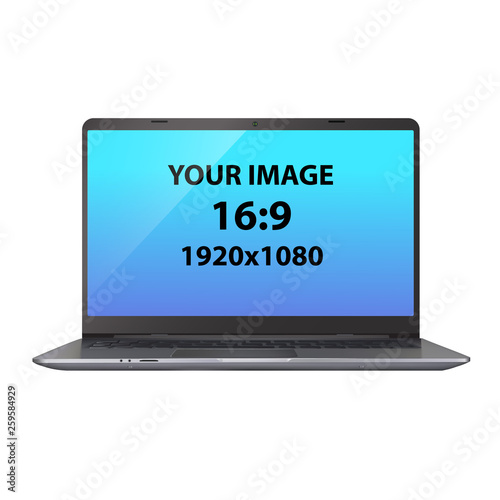 Dark silver unbranded laptop. Front view photorealistic vector mockup.
