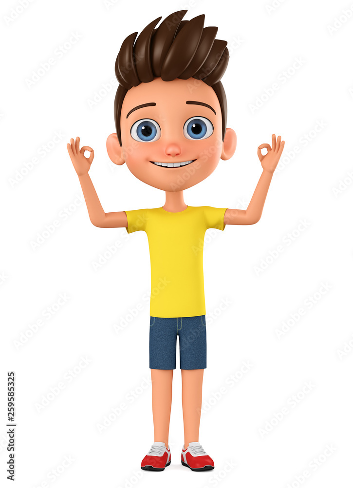 Cartoon character boy shows two okey on a white background. 3d rendering. Illustration for advertising. Cartoon character boy shows two okey on a white background. 3d rendering. Illustration for advertising.
