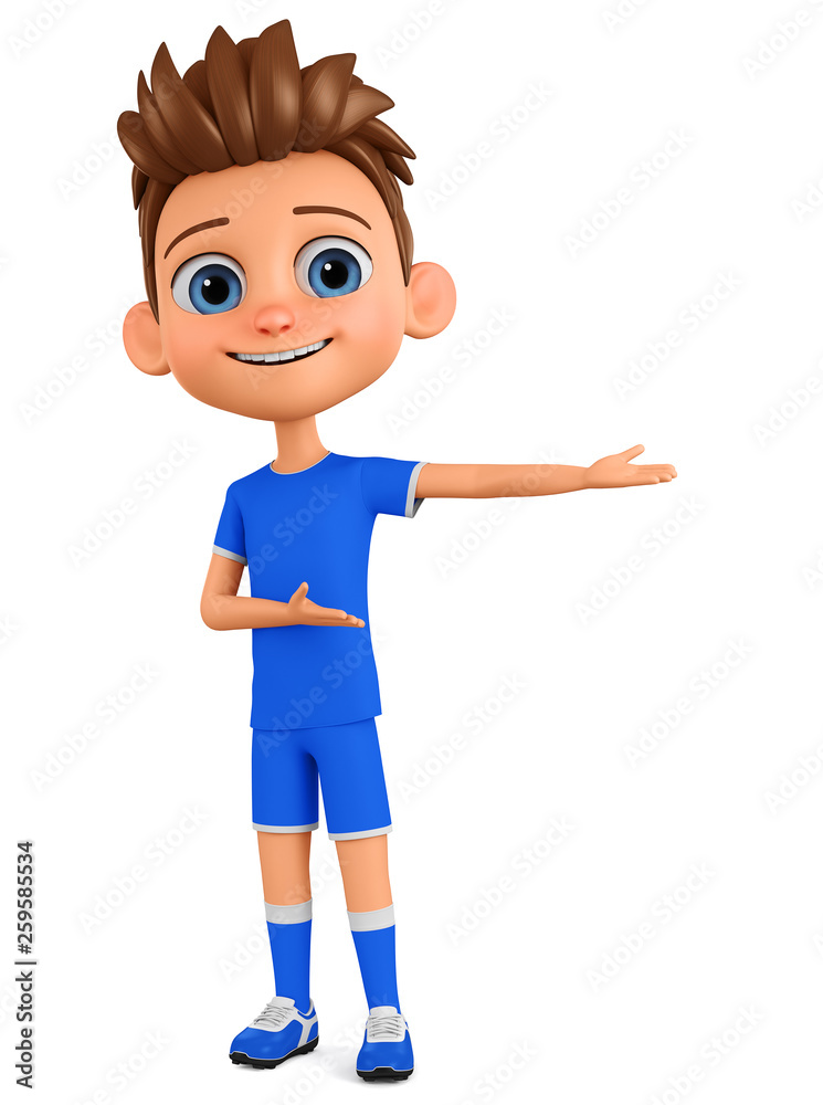 Cartoon character boy in sport uniform points his hand to empty space on a white background. 3d rendering. Illustration for advertising.