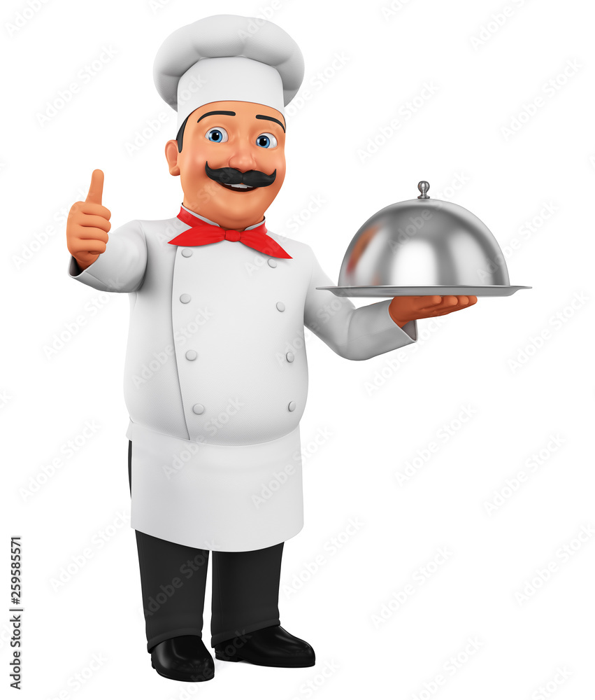 Cartoon character cook with dish showing thumbs up on empty space on white background. 3d rendering. Illustration for advertising. Cartoon character cook with dish showing thumbs up on empty space on white background. 3d rendering. Illustration for advertising.