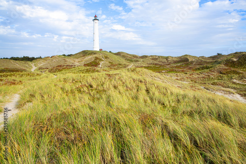 Historic Lyngvig lighthouse in Jutland, North Sea coast in Denmark