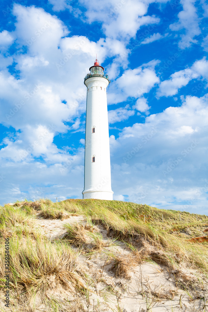 Historic Lyngvig lighthouse in Jutland, North Sea coast in Denmark
