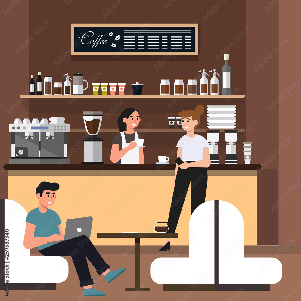 people working and relaxing at Cafe shop. Modern place interior to meet. design concept of cafe with people. Vector flat style cartoon illustration people working and relaxing at Cafe shop. Modern place interior to meet. design concept of cafe with people. Vector flat style cartoon illustration