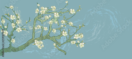Spring almond branch, flowers. Blooming tree vintage. Boho style. By pictures Vincent Van Gogh almond branch retro.