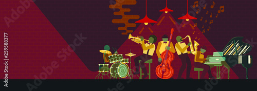 Poster on Jazz day April 30 where Jazz Band playing on musicail instruments piano, saxophone, double-bass, cornet and drums in Jazz Bar