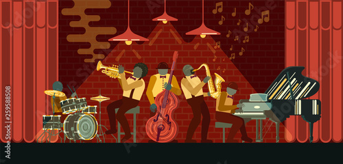 Canvas Print Poster on Jazz day April 30 where Jazz Band playing on musicail instruments pian