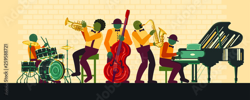 Poster on Jazz day April 30 where Jazz Band playing on musicail instruments piano, saxophone, double-bass, cornet and drums in Jazz Bar