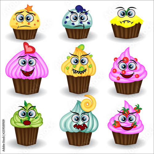 Cute and colorful kawaii style muffin emoticons collection expressing different emotions or feelings.