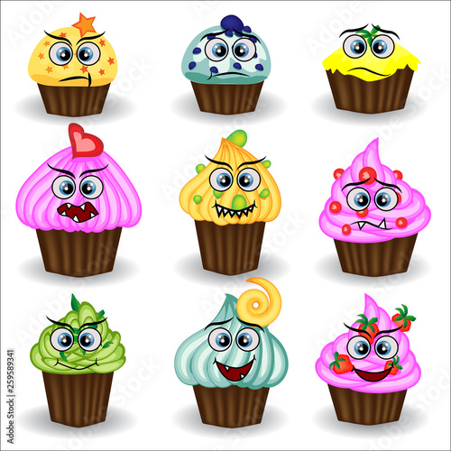 Cute and colorful kawaii style muffin emoticons collection expressing different emotions or feelings.