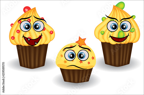 Cute and colorful kawaii style muffin emoticons collection expressing different emotions or feelings.
