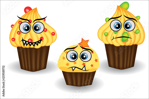 Cute and colorful kawaii style muffin emoticons collection expressing different emotions or feelings.