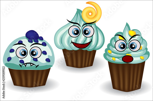 Cute and colorful kawaii style muffin emoticons collection expressing different emotions or feelings.