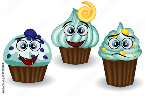 Cute and colorful kawaii style muffin emoticons collection expressing different emotions or feelings.