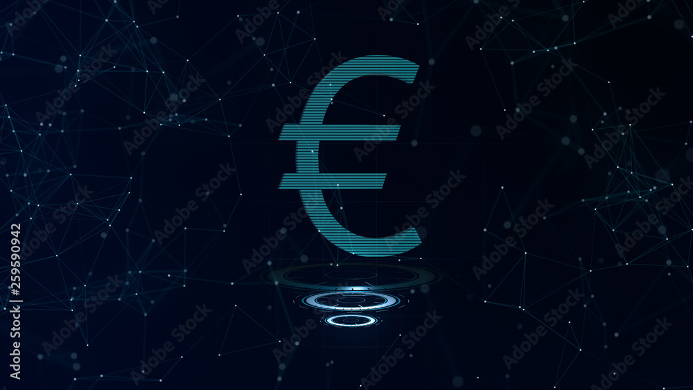 A superb 3d Euro sign. Space blue cyberspace backdrop with internet connections. Euro currency is on three virtual glowing circles. A superb 3d Euro sign. Space blue cyberspace backdrop with internet connections. Euro currency is on three virtual glowing circles.