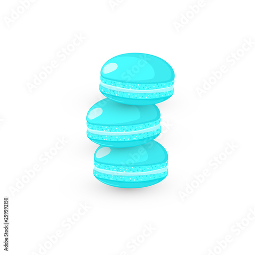 Stack of different french cookies macaroons or macarons with drop shadow isolated on white background