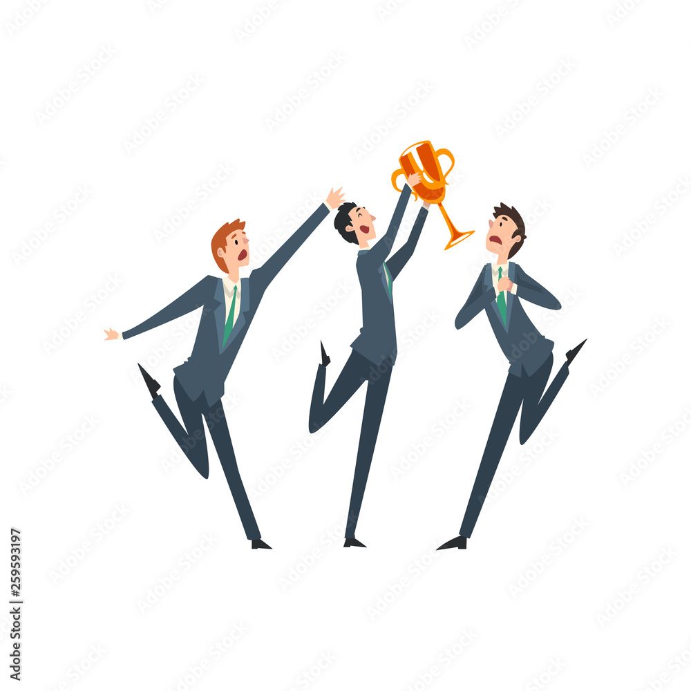 Successful Businessman with Winner Cup, Envious Colleagues Envying His Success Vector Illustration