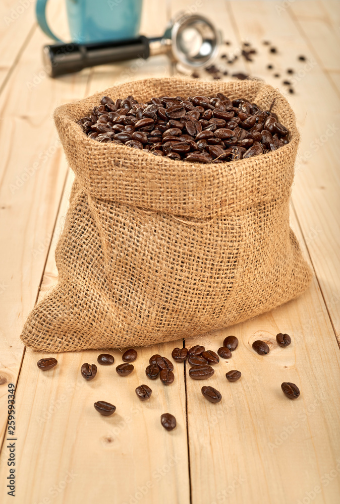 Coffee beans in fabric sack Coffee beans in fabric sack