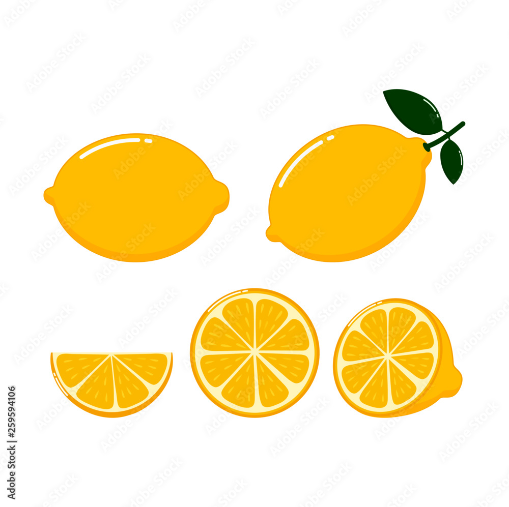 Fresh lemon fruits and slices with leaf, collection isolated on white background of vector illustrations. Fresh lemon fruits and slices with leaf, collection isolated on white background of vector illustrations.
