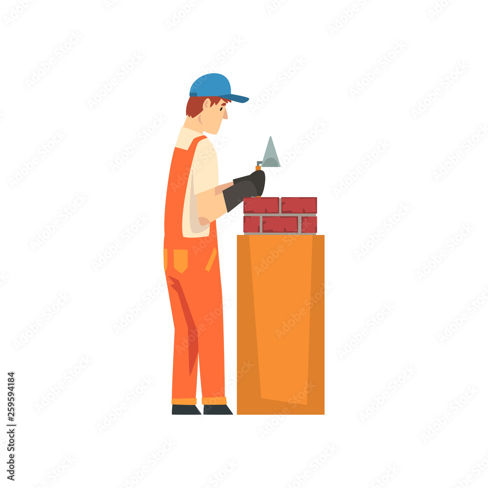 Professional Builder Laying Bricks in Wall, Male Construction Worker Character in Orange Overalls and Blue Cap with Equipment Vector Illustration Professional Builder Laying Bricks in Wall, Male Construction Worker Character in Orange Overalls and Blue Cap with Equipment Vector Illustration