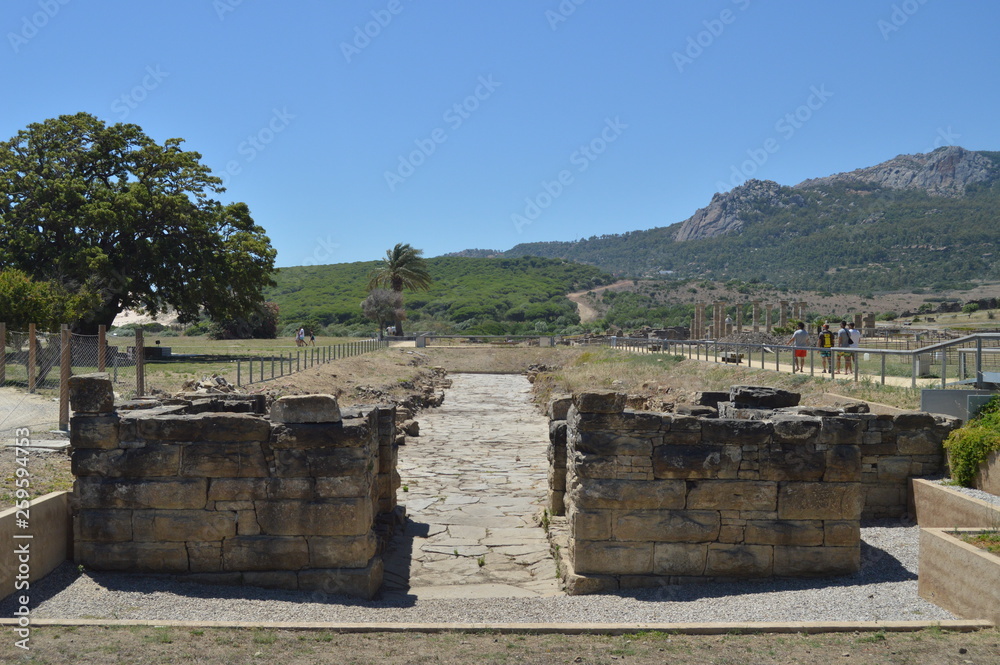 Carteia Door In Roman City Baelo Claudia Dating In The 2nd Century BC .. Stock Photo, Picture And Royalty Free Image. Nature, Architecture, History, Archeology. July 10, 2014. Tarifa, Cadiz, Spain.