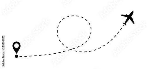 Airplane dashed lines path with start point and dash line trace. Around the world travel concept. Isolated on white background. vector illustration.