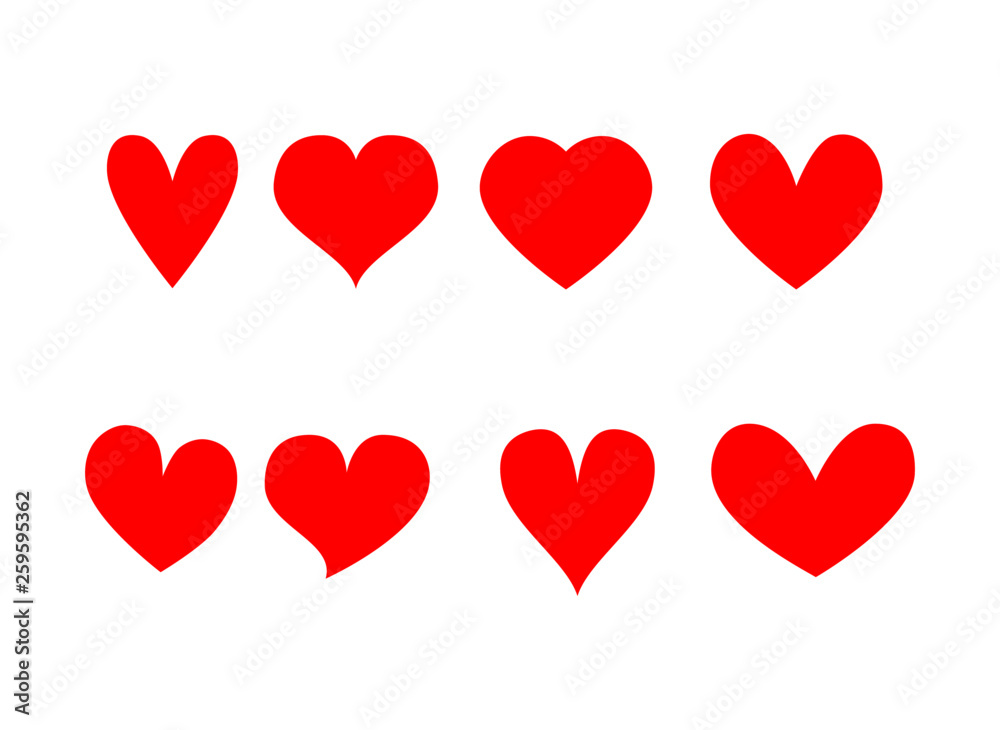 Red hearts icons set Isolated on white background. Vector Illustration.