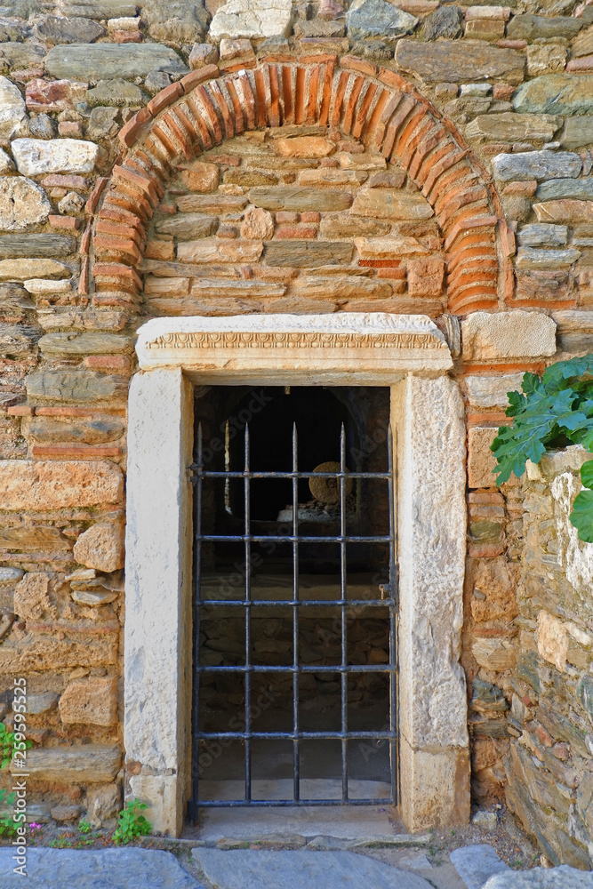 entrance to the abandoned secondary chapel of Kaisariani byzantine medieval monastery, Athens Greece entrance to the abandoned secondary chapel of Kaisariani byzantine medieval monastery, Athens Greece