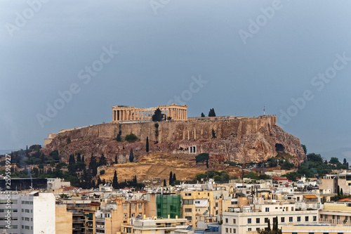 rainy day in Athens Greece, Parthenon ancient temple on acropolis hill
