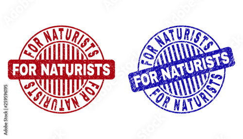 Grunge FOR NATURISTS round stamp seals isolated on a white background. Round seals with grunge texture in red and blue colors.