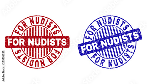 Grunge FOR NUDISTS round stamp seals isolated on a white background. Round seals with grunge texture in red and blue colors.