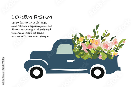 Vintage car with flowers. Engraving style. Vector illustration. Wedding car