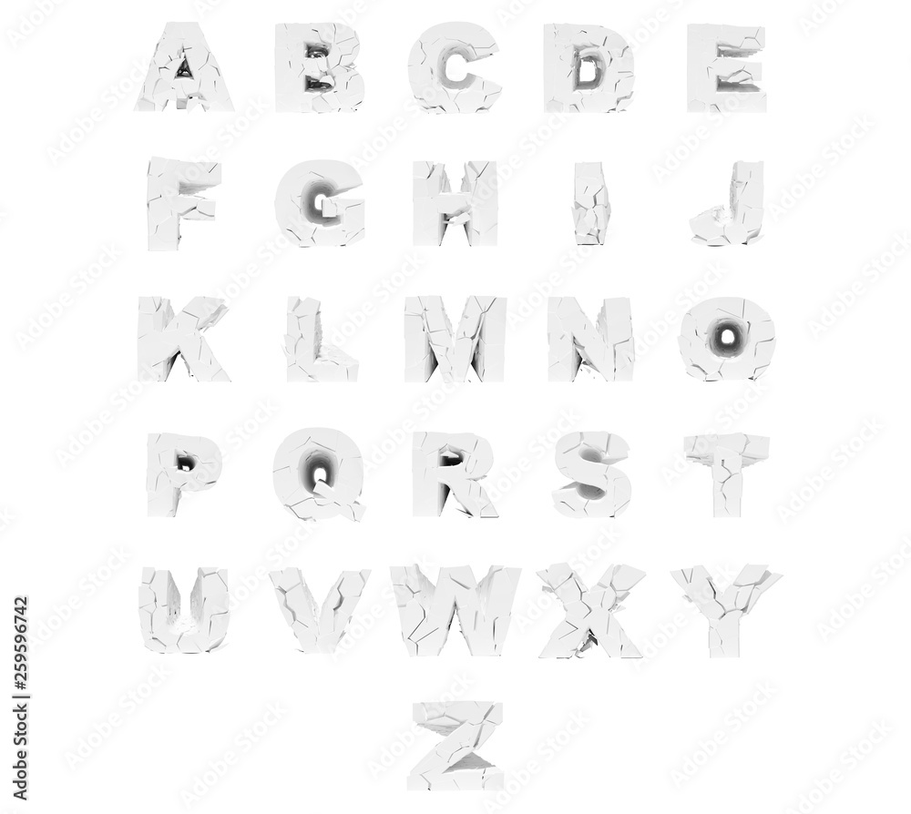 Isolated set of cracked numerals on a white background. 3D render. Isolated set of cracked numerals on a white background. 3D render.