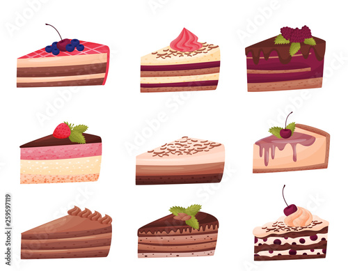 Cakes collection on white background. Bakery concept.