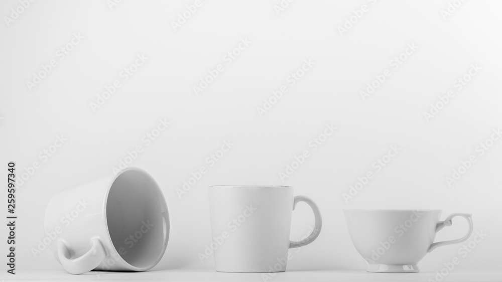 collection of a white ceramic coffee cup on white background.