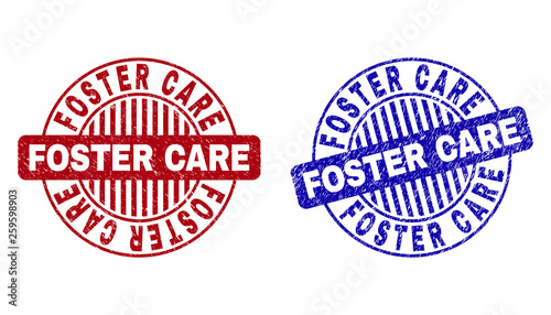 Grunge FOSTER CARE round stamp seals isolated on a white background. Round seals with grunge texture in red and blue colors.
