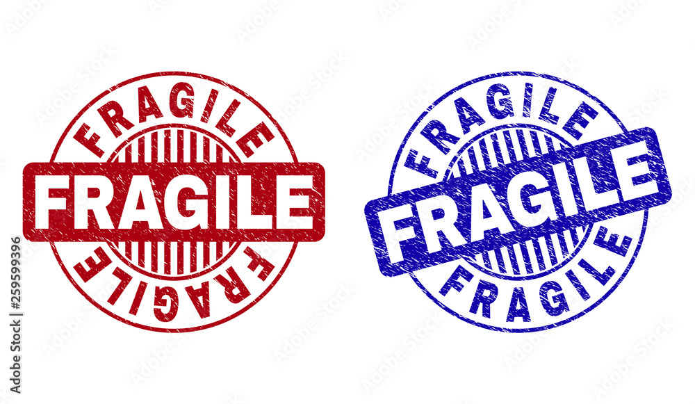 Grunge FRAGILE round stamp seals isolated on a white background. Round seals with grunge texture in red and blue colors. Vector rubber watermark of FRAGILE title inside circle form with stripes. Grunge FRAGILE round stamp seals isolated on a white background. Round seals with grunge texture in red and blue colors. Vector rubber watermark of FRAGILE title inside circle form with stripes.