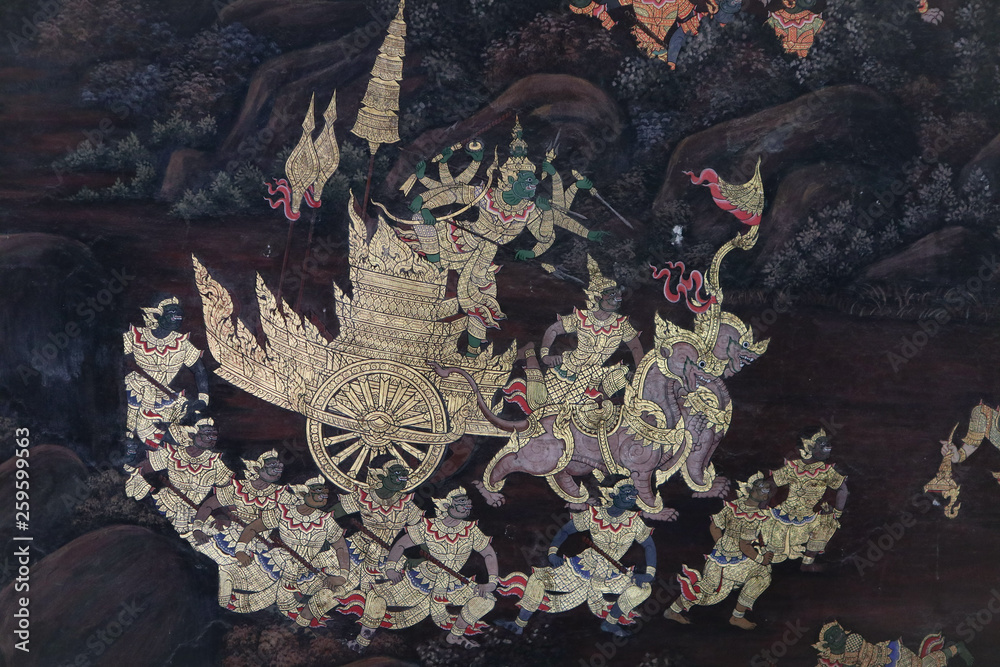 Obraz premium The Ramakien (Ramayana) mural paintings along the galleries of the Temple of the Emerald Buddha, grand palace or wat phra kaew Bangkok Thailand