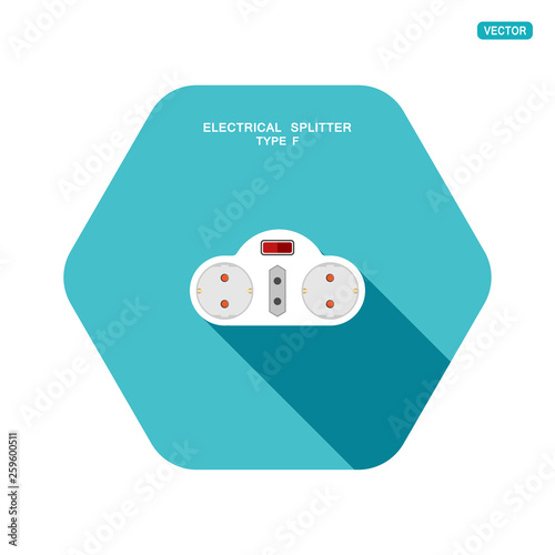 Cuadro en lienzo Vector hexagon icon of modern electrical splitter type F with red switch, three different socket and shadow on the turquoise background