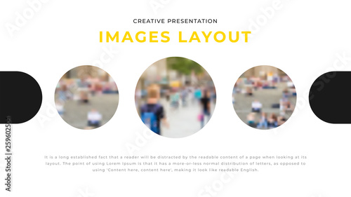 Modern business presentation design with 3 shapes & rounded photos on white background. Editable annual report flyer leaflet corporate presentation banner design template. Simple webpage design