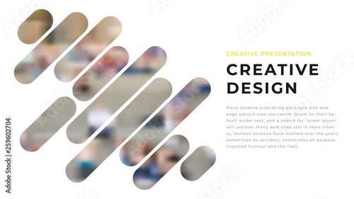 Modern business presentation design with yellow shapes & rounded photos on white background. Editable annual report flyer leaflet corporate presentation banner design template. Simple webpage design